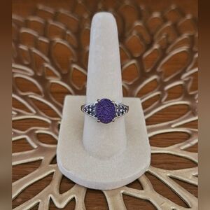 Purple Drusy & Iolite Ring Set In Platinum Over 925 Sterling Silver